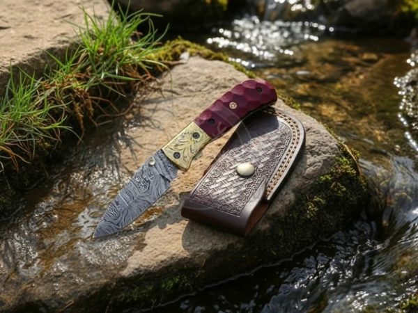 RK-1016 Handmade Damascus Folding Knife  Red Micarta Handle with Mosaic Pin | Pocket Knife with Leather Sheath  Groomsmen, Birthday & Anniversary Gift for Him