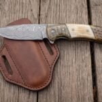 Ramfold Hand Forged Damascus Folding Pocket Knife with Ram Horn Handle & Leather Sheath | Everyday Carry Gift | RK-1017