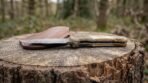 Damascus steel folding pocket knife with horn and bone handle, opened on a sawn tree stump beside its brown leather pouch