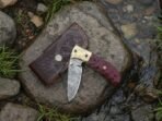 Damascus Folding Pocket Knife — Hand-Forged, 7.5" Overall, Micarta Handle, Leather Sheath - Image 2