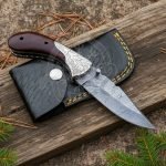 Damascus Folding Pocket Knife — Hand-Forged, Wood Handle, Leather Sheath (RK-1015)