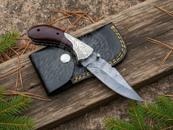 RK-1015 Handmade Damascus Steel Folding Knife: Wood Handle & Leather Sheath ,Camping Knife, Gift for Him