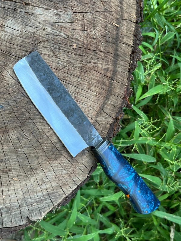 Nakiri Cleaver – Blue Resin Handle, Handmade High Carbon Blade