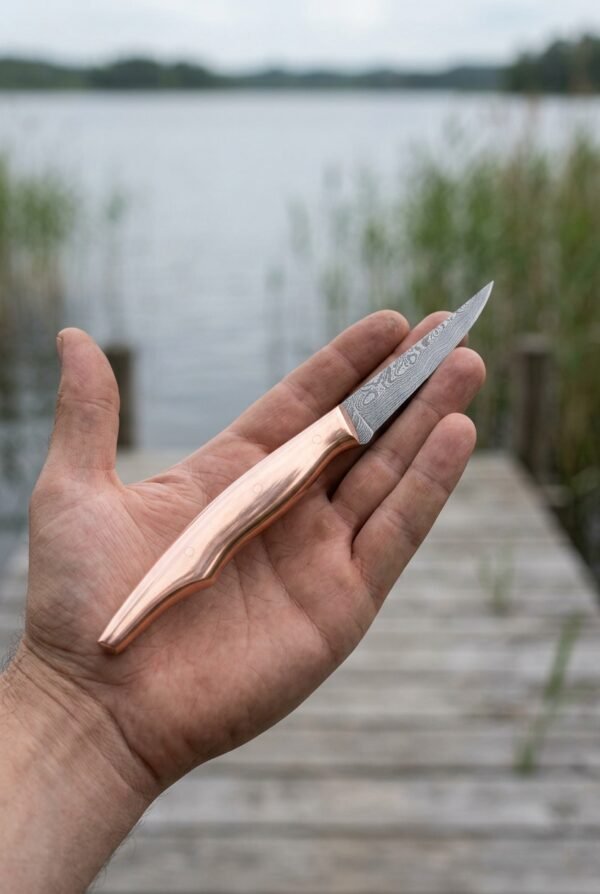 Damascus fish fillet knife with polished copper handle resting in an open palm on a dock by the water