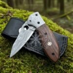 Damascus Folding Pocket Knife — Hand-Forged, Rosewood Handle, Leather Sheath | Engraving Available