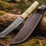 Damascus Viking Seax Knife — Hand-Forged, Bone Handle, Leather Sheath | Engraving Available (RK-1029)
