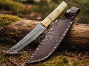 Damascus Viking Seax Knife, Hand-Forged, Bone Handle, Leather Sheath | Engraving Available (RK-1029)