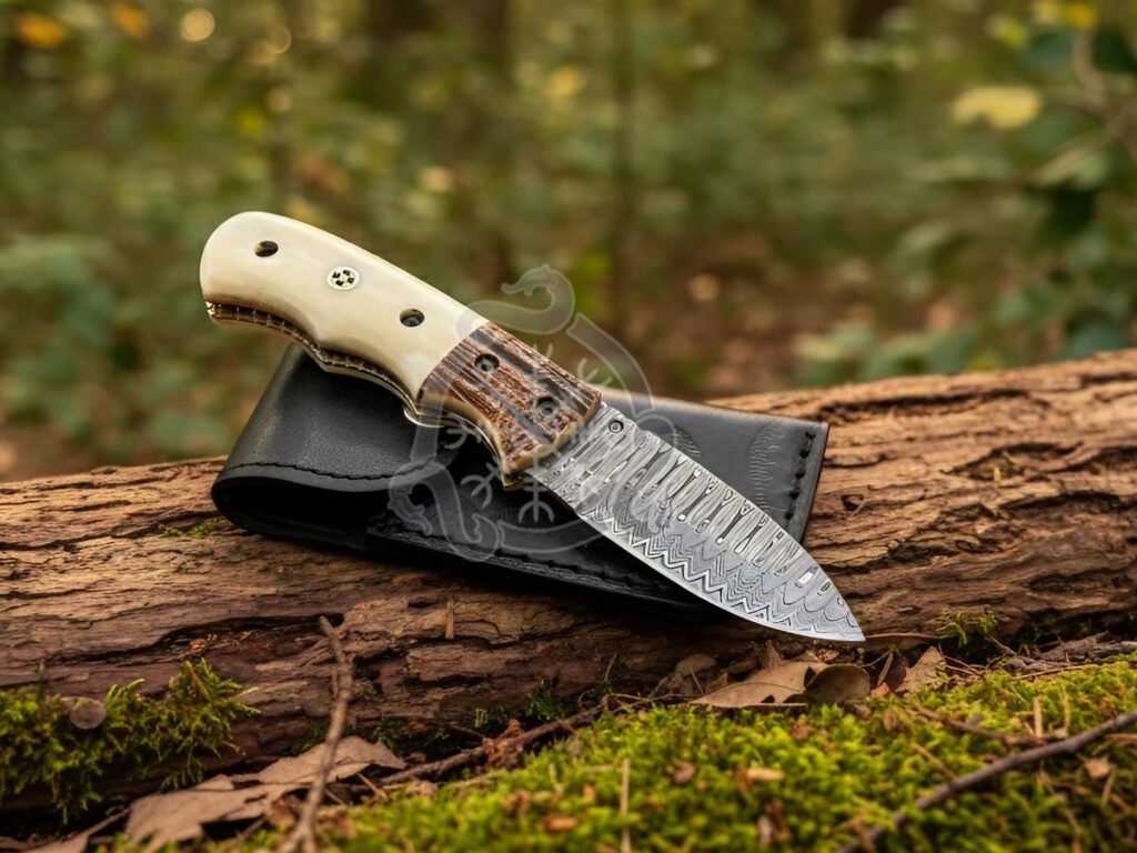 Damascus Folding Pocket Knife — Hand-Forged, Bone Handle, Leather Sheath (RK-1031)