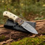 Damascus Folding Pocket Knife — Hand-Forged, Bone Handle, Leather Sheath (RK-1031)
