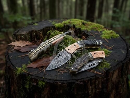 RK-1022 Damascus Steel Folding Knife: Handmade Sheep Horn Handle, Engraved Copper Bolsters