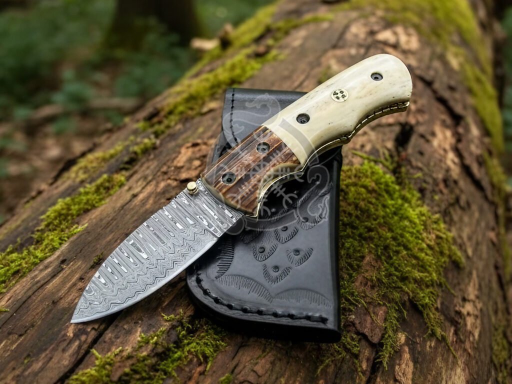 Damascus Folding Pocket Knife — Hand-Forged, Bone Handle, Leather Sheath (RK-1031) - view 2