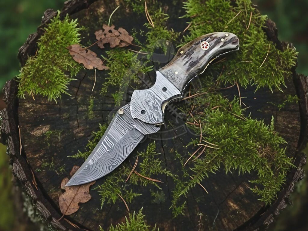 Damascus Folding Pocket Knife — Hand-Forged, Stag Horn Handle, Leather Sheath (RK-1022) - view 2
