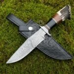 Damascus Folding Pocket Knife — Hand-Forged, 12″ Overall, Ram Horn Handle, Leather Sheath
