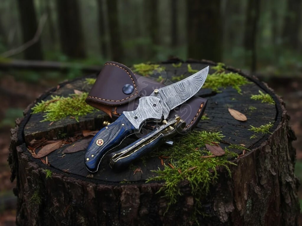 Damascus Folding Pocket Knife — Hand-Forged, Pakka Wood Handle, Leather Sheath