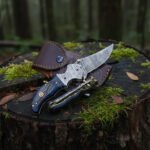 Damascus Folding Pocket Knife — Hand-Forged, Pakka Wood Handle, Leather Sheath