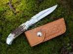 Stainless Steel Folding Pocket Knife — Hand-Forged, Stag Horn Handle, Leather Sheath | Engraving Available - Image 2