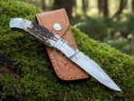 Stainless Steel Folding Pocket Knife — Hand-Forged, Stag Horn Handle, Leather Sheath | Engraving Available