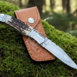 Stainless Steel Folding Pocket Knife — Hand-Forged, Stag Horn Handle, Leather Sheath | Engraving Available