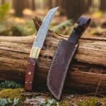 Damascus Viking Seax Knife — Hand-Forged, Rosewood Handle, Leather Sheath