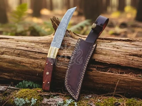Damascus Viking Seax Knife — Hand-Forged, Rosewood Handle, Leather Sheath