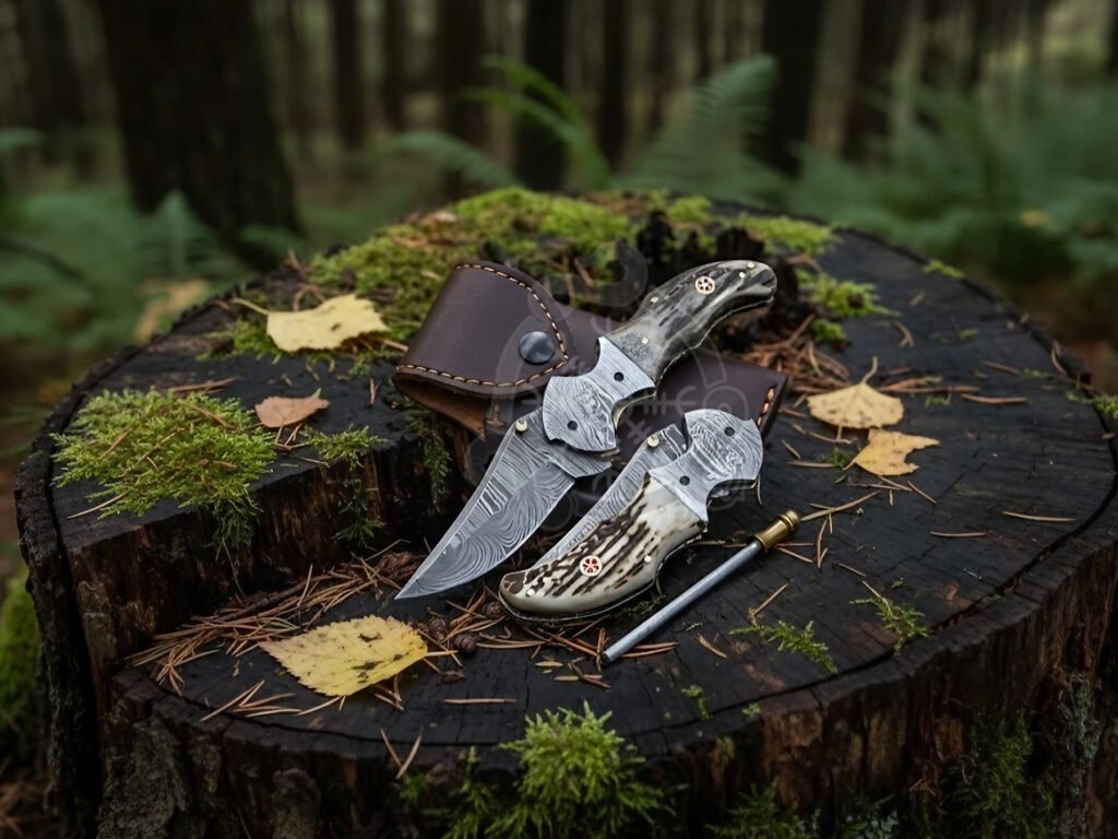 Damascus Folding Pocket Knife — Hand-Forged, Stag Horn Handle, Leather Sheath (RK-1022)
