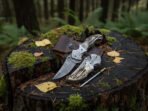 Damascus Folding Pocket Knife — Hand-Forged, Stag Horn Handle, Leather Sheath (RK-1022)