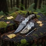 Damascus Folding Pocket Knife — Hand-Forged, Stag Horn Handle, Leather Sheath (RK-1022)