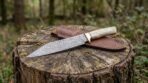 Damascus steel seax knife with bone handle and brass bolster laid on a tree stump beside its brown leather sheath in a forest