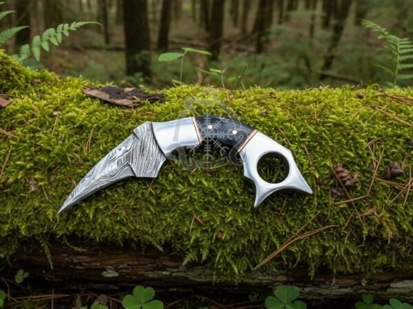 Damascus Karambit Knife, Hand-Forged, Ram Horn Handle, Leather Sheath | Engraving Available - view 2