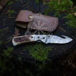 Damascus Folding Pocket Knife — Hand-Forged, Stag Horn Handle, Leather Sheath (RK-1023)