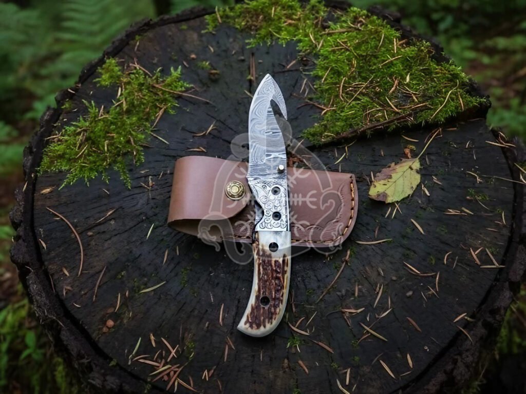 Damascus Folding Pocket Knife — Hand-Forged, Stag Horn Handle, Leather Sheath (RK-1023) - view 2