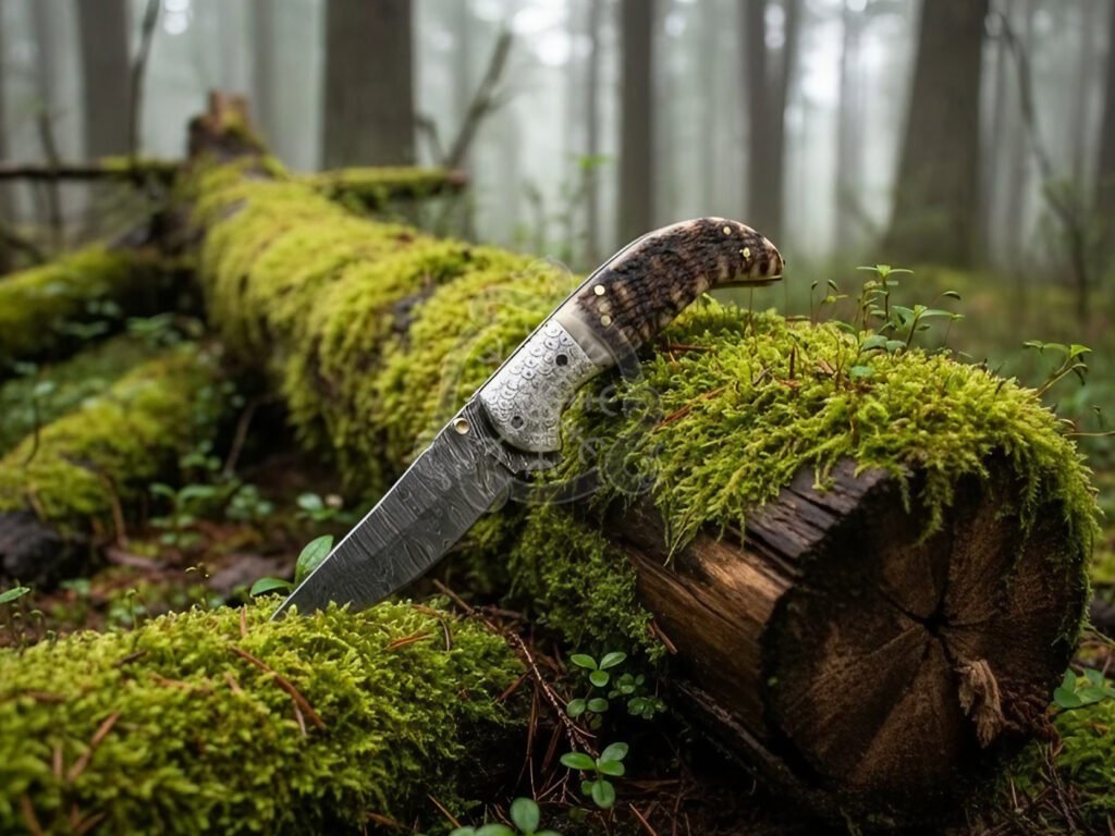 Damascus Folding Pocket Knife — Hand-Forged, Ram Horn Handle, Leather Sheath - view 2
