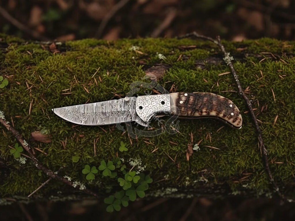 Damascus Folding Pocket Knife — Hand-Forged, Ram Horn Handle, Leather Sheath