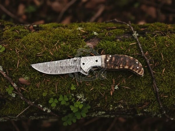 RK-1025 Handmade Damascus Steel Folding Knife with Leather Sheath – Ram Horn Handle