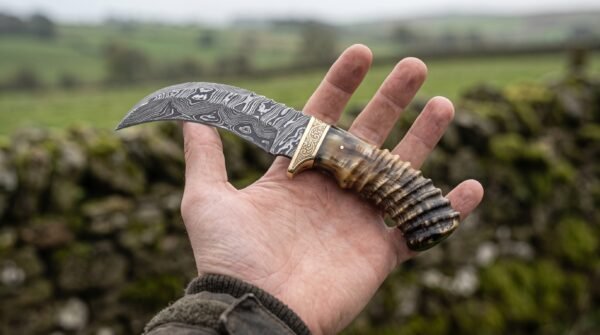 Damascus steel hawkbill knife with curled ram horn handle resting across an open palm above green fields and a stone wall