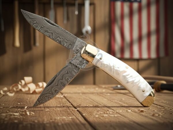 RK-1064 Handmade Damascus Steel Pocket Knife | Pearl shell handle | with Brase Bolster & Leather Sheath Camping Knife | Birthday & Christmas Gift for Him