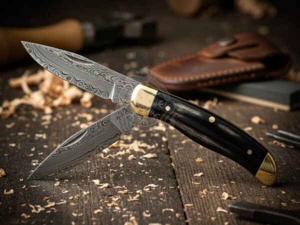 RK-1065 Handmade Damascus Steel Pocket Knife | Buffalo horn handle | with Brase Bolster & Leather Sheath Camping Knife | Birthday & Christmas Gift for Him