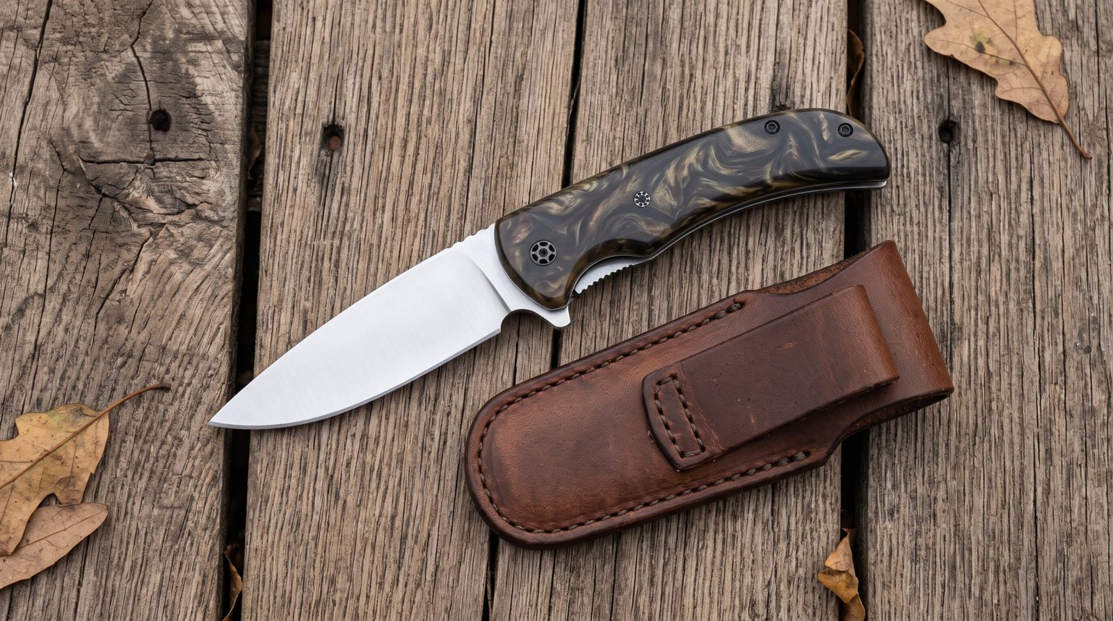 243 (1) Mosaicfold Hand Forged Stainless Steel Folding Pocket Knife with Resin Handle and Black Mosaic Pins & Leather Sheath | Everyday Carry Gift | RK-1047 - Image 1