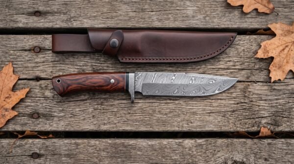Damascus steel camp knife with rosewood handle and steel guard laid flat on weathered planks under its brown leather sheath