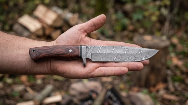 Damascus steel camp knife with rosewood handle and pin lying across an open palm in a woodland clearing with stacked logs