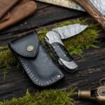 Damascus Folding Pocket Knife — Hand-Forged, Bone Handle, Leather Sheath (RK-1043)