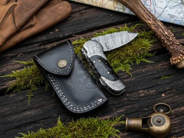 RK-1043Handmade Damascus Steel Pocket Knife with |Black Horn Handle| Brass Pins & Leather Sheath
