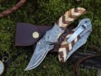 Damascus Folding Pocket Knife — Hand-Forged, 7.5″ Overall, Ram Horn Handle | Engraving Available