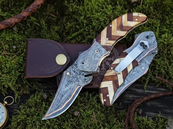 RK-1045 Personalized Handmade Copper Damascus Pocket Knife: Anniversary Edition Folding Knife for Camping, Hunting & Gifts