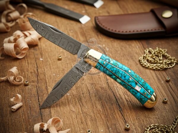 RK-1058 Handmade Damascus Steel Pocket Knife | Turquoise handle | with Brase Bolster & Leather Sheath Camping Knife | Birthday & Christmas Gift for Him