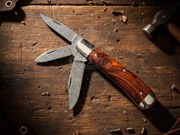 RK-1060 Handmade Damascus Steel Pocket Knife | Rose Wood handle | with Brase Bolster & Leather Sheath Camping Knife | Birthday & Christmas Gift for Him