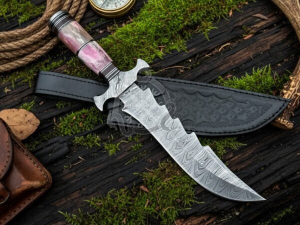 RK-1038 Handmade Damascus Hunting Bowie Knife with Bone Handle | Personalized Camping and Outdoor Knife