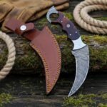 Damascus Karambit Knife — Hand-Forged, Rosewood Handle, Leather Sheath | Engraving Available