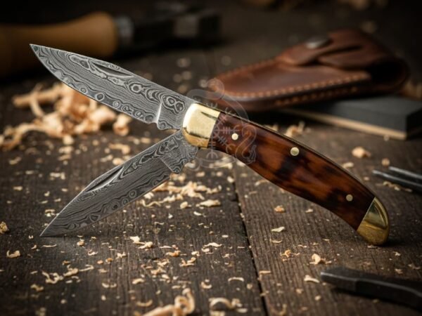 RK-1063 Handmade Damascus Steel Pocket Knife | Turtle shell handle | with Brase Bolster & Leather Sheath Camping Knife | Birthday & Christmas Gift for Him