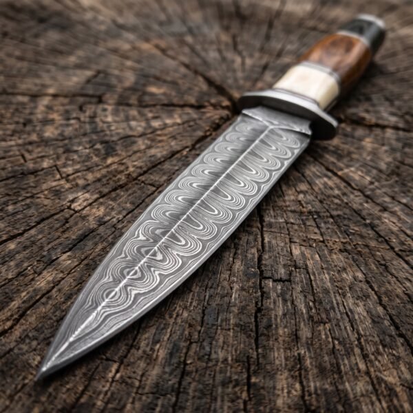 Close up of the ladder pattern Damascus blade and steel guard of a double edged dagger on a cut tree stump